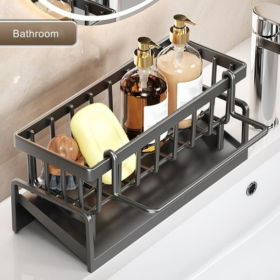 Auto-Draining Sink Caddy for Sponge, Soap and Brush Storage | Non- Base with Towel Rod for Countertop Organization