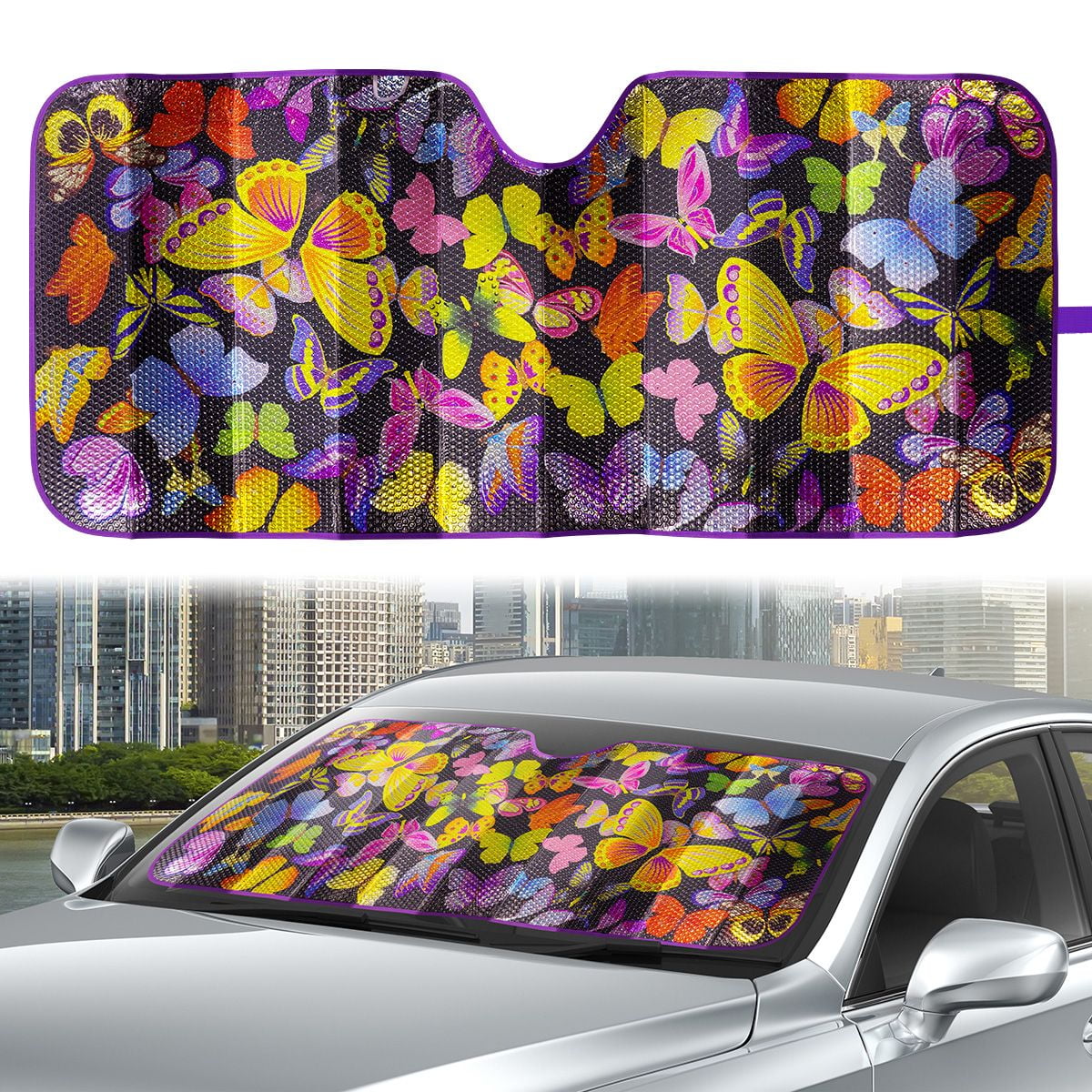 Auto Drive 1 Count Purple Butterfly Universal Fit Windshield Accordion Sunshade, Product Size 63'' x 28.5''