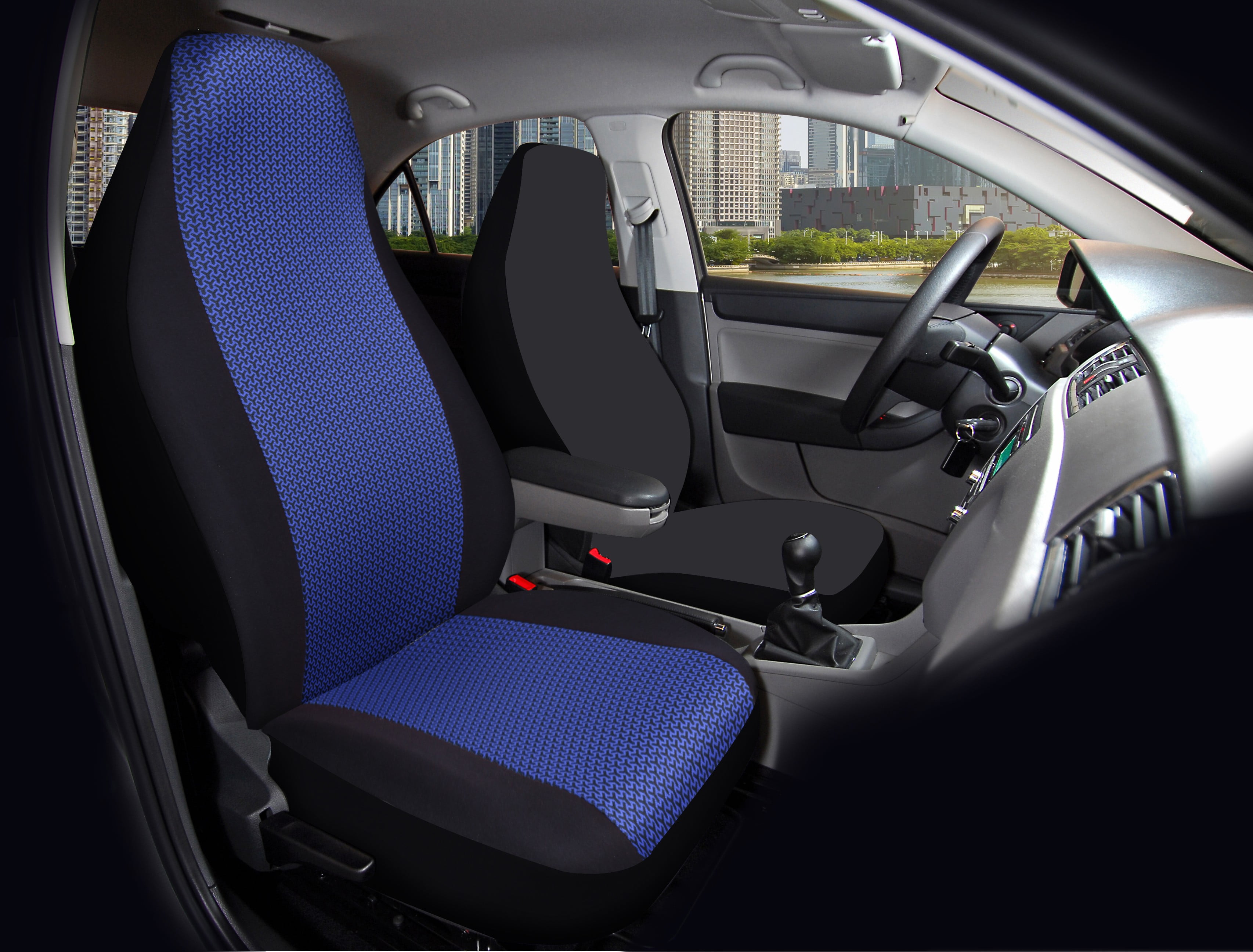 Blue Car Seat Covers Set With Steering Wheel Cover - Split Bench Design, 5 Headrests, Breathable & Washable