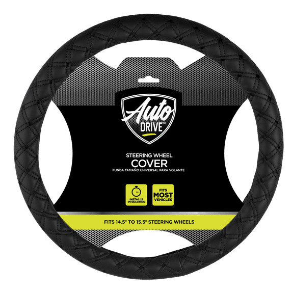Auto Drive 1Piece Car Steering Wheel Cover Diamond Quilt Leather Black - Universal Fit, AD061728M