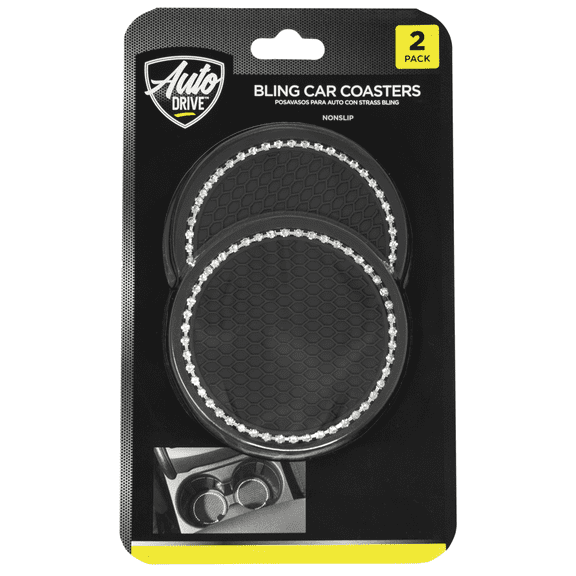 Auto Drive 2-Pack Bling Car Coasters Sparkling Rhinestone Cup Holder Inserts for Cars, Trucks & SUVs, Black