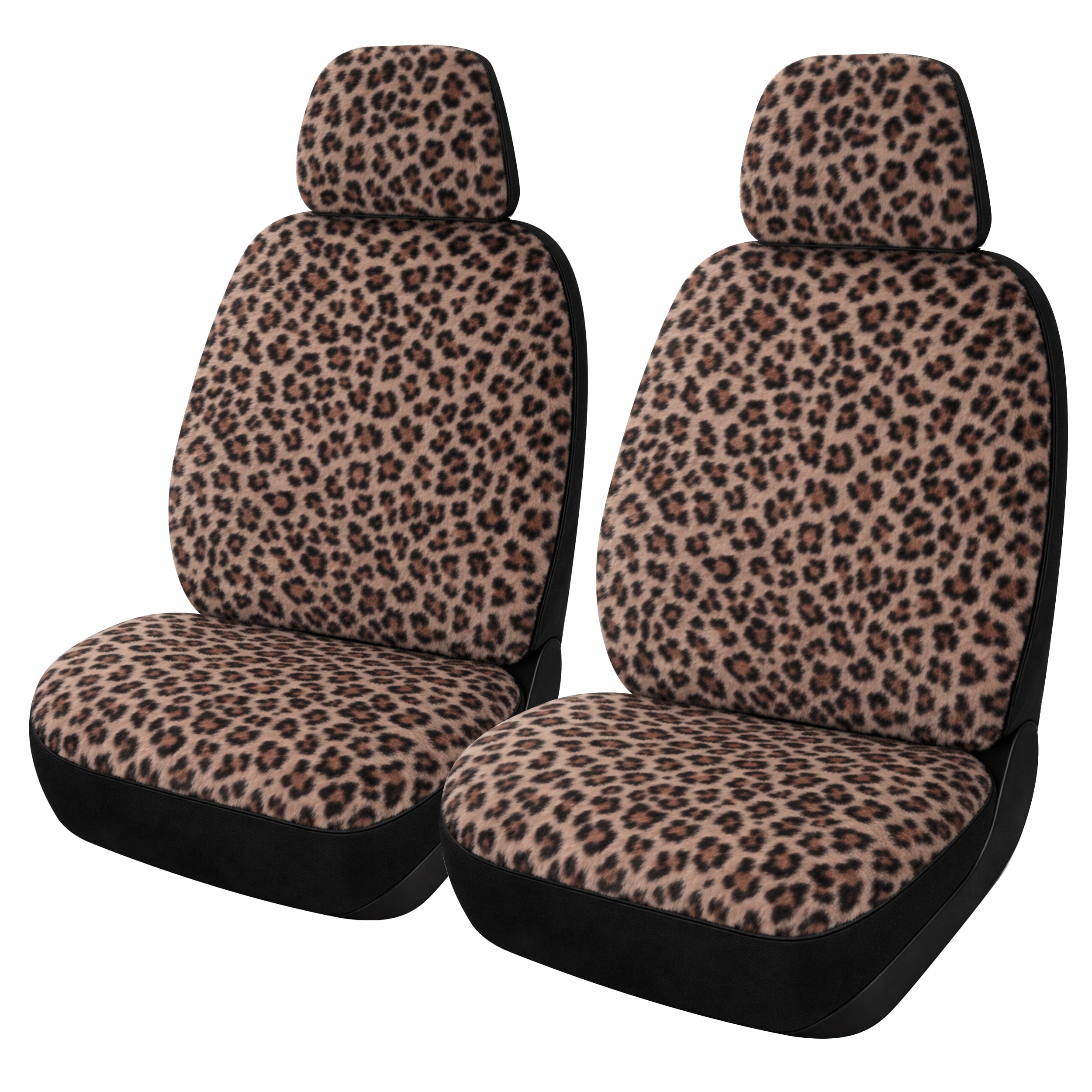 Auto Drive 2-Piece Fur Leopard Seat Covers for Cars, SUVs, and Crossovers, Brown