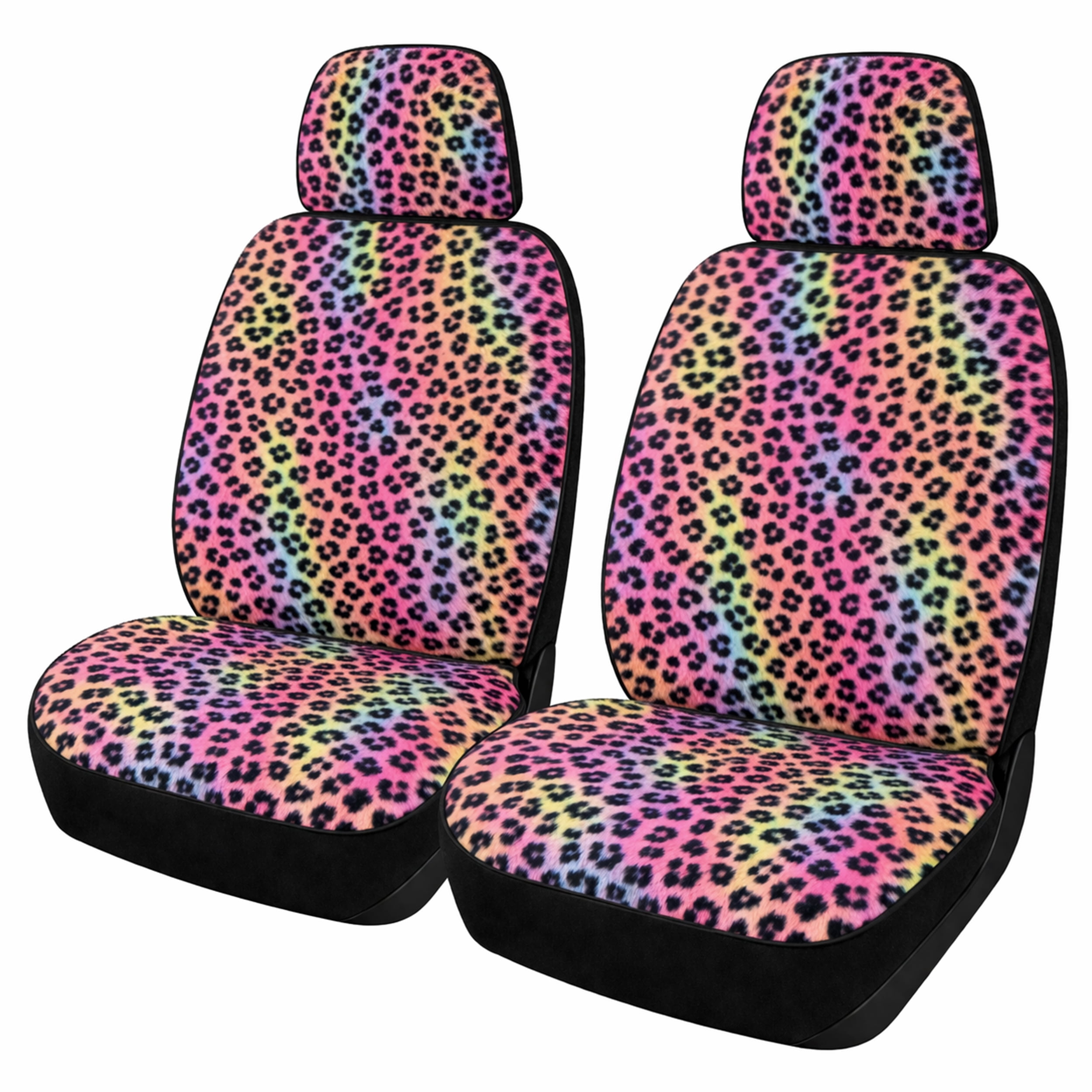 Auto Drive 2-Piece Fur Leopard Seat Covers for Cars, SUVs, and Crossovers, Multicolor
