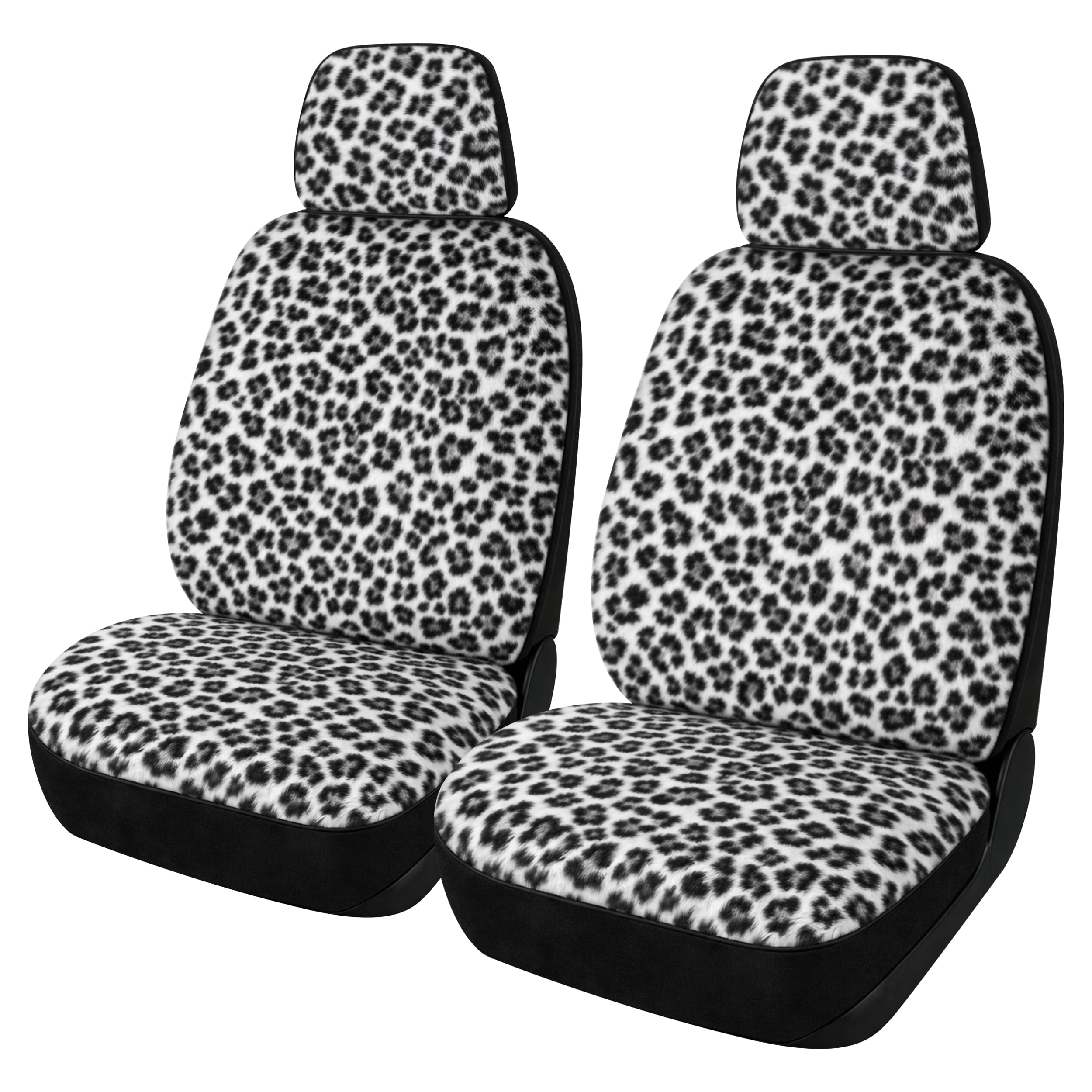 Auto Drive 2-Piece Fur Snow Leopard Seat Covers for Cars, SUVs, and Crossovers