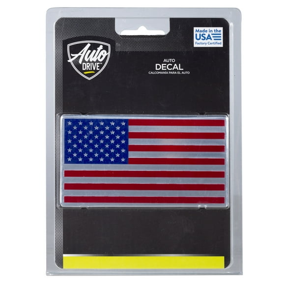 Auto Drive American Flag Flexible Aluminum Automotive Decal, Red, Blue, Chrome by 2.25" x 5.5"
