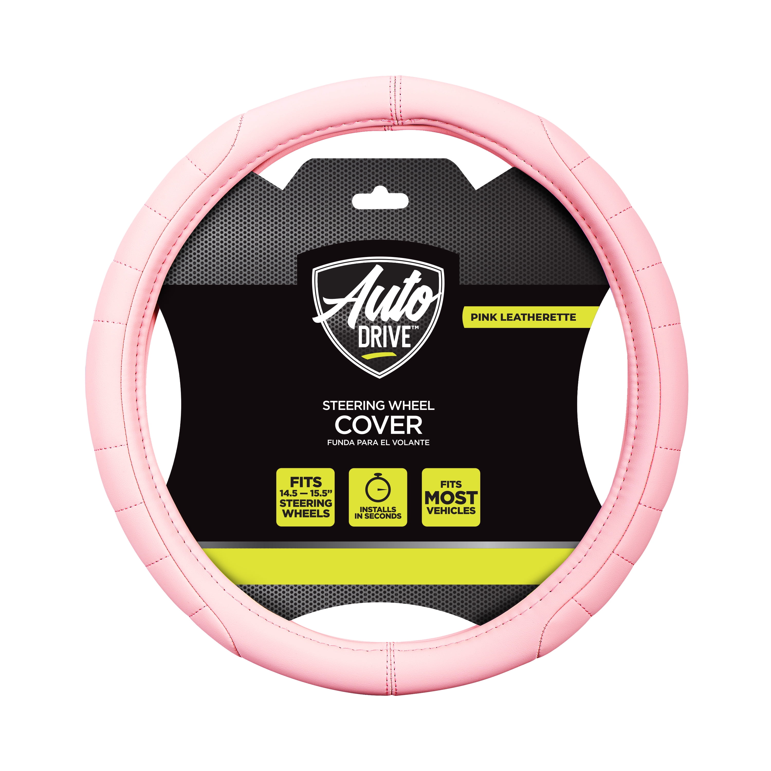 Auto Drive Soft Pink Faux Leather Quilted Steering Wheel Cover, Multiple Colors