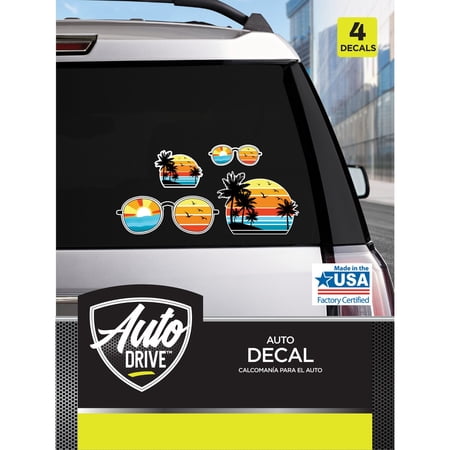 Auto Drive Beach & Sunglasses Decals Outdoor Rated Automotive Stickers, 4 Count