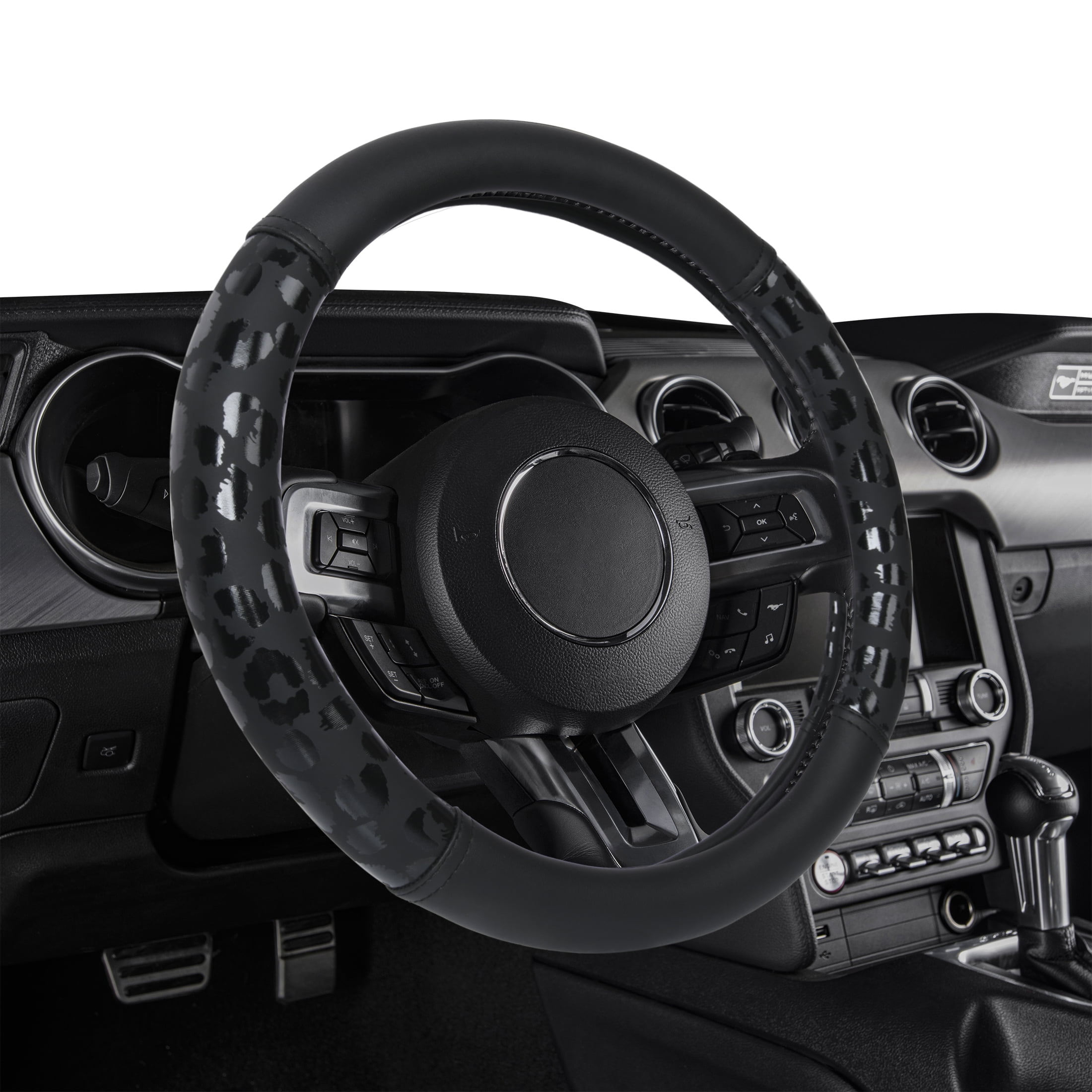 Auto Drive Black Leopard Faux Leather Steering Wheel Cover Universal Fit for Sedans SUVs Set of 1