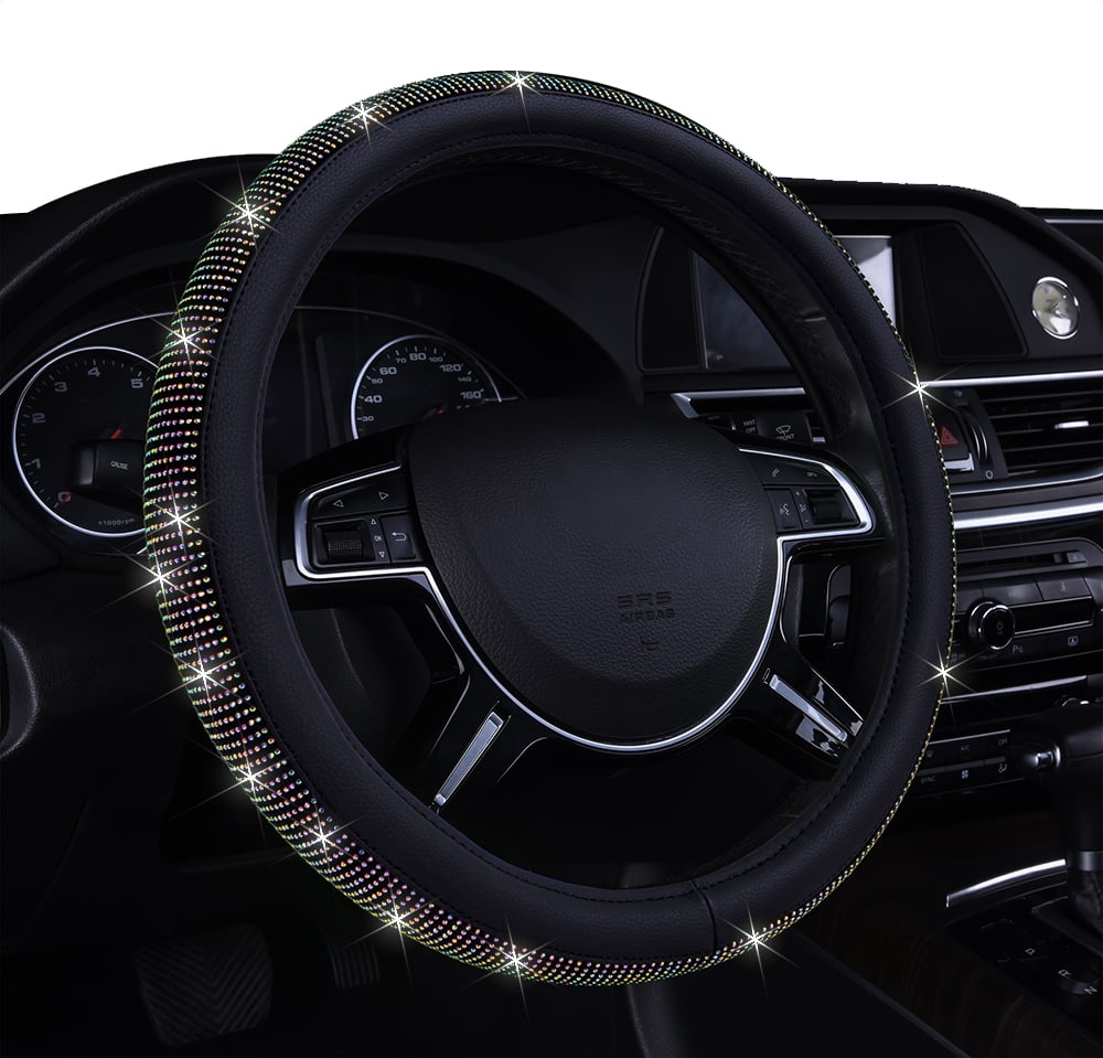 Auto Drive Black Universal Fit Iredescent Crystal Steering Wheel Cover, Fit for Cars, Suvs, Set of 1