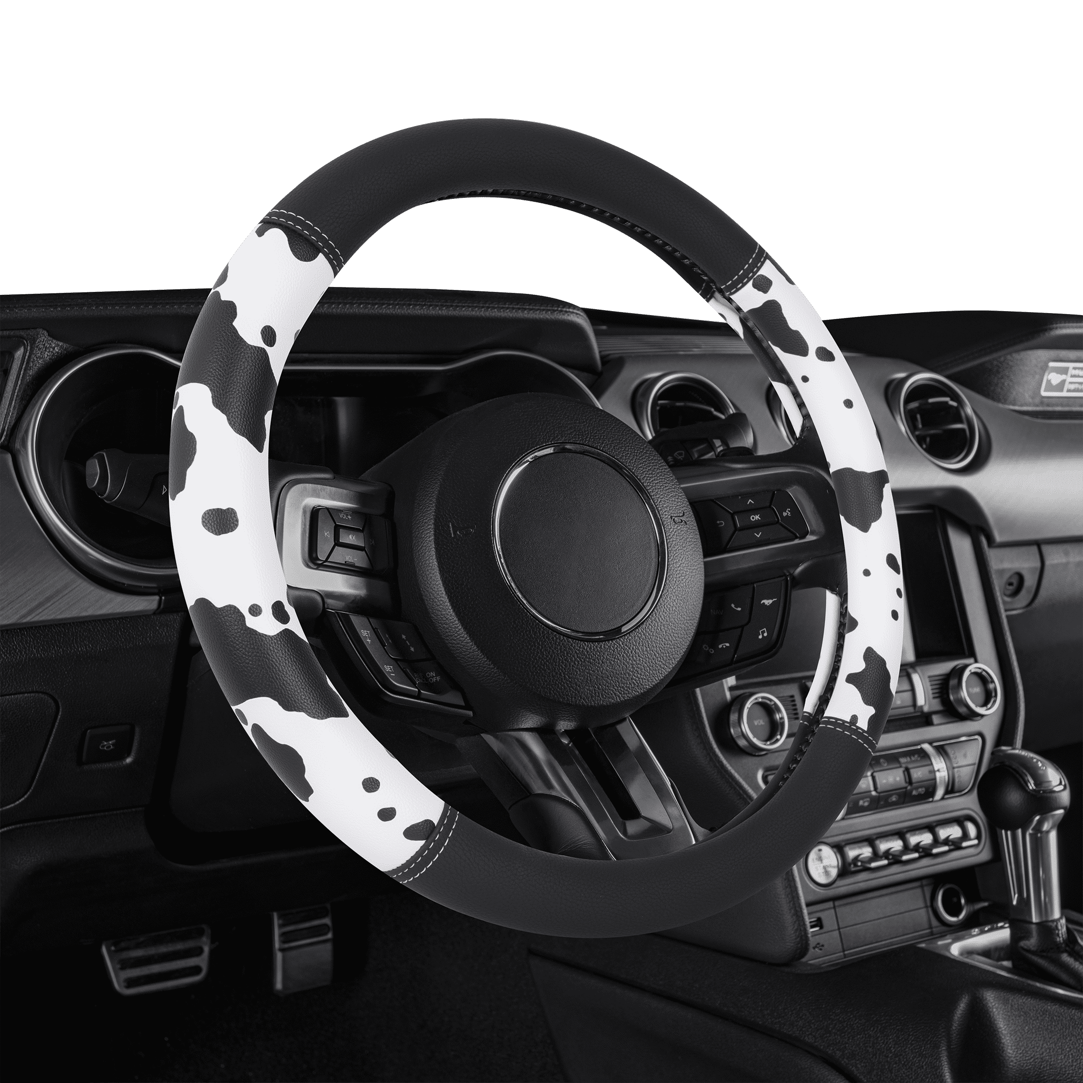 Auto Drive Black White Cow Print Faux Leather Steering Wheel Cover,  Universal Fit for Sedans, SUVs