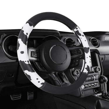 Auto Drive Black  White Cow Print Faux Leather Steering Wheel Cover, Universal Fit for Sedans, SUVs
