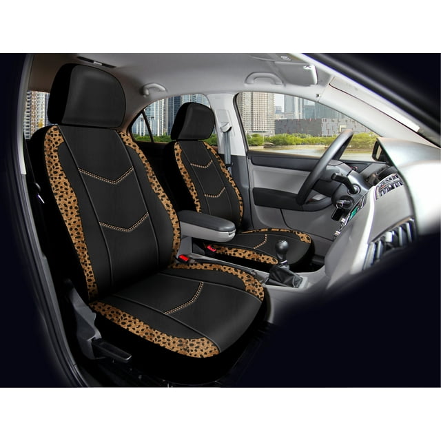 Auto Drive Brown Leopard Faux Leather Car Seat Covers, Set of 2, YT014