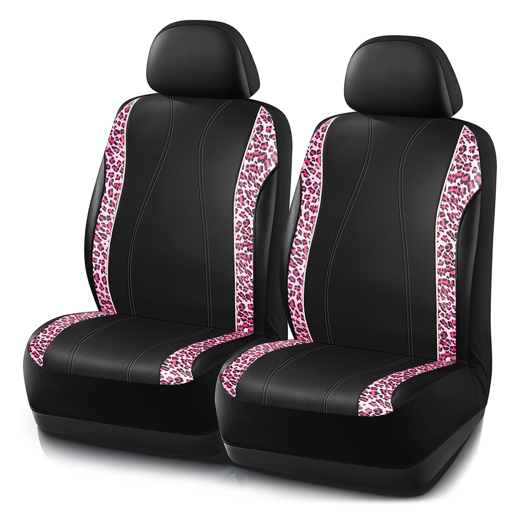 Auto Drive Car Seat Covers, Pink Leopard Print Car Seat Covers with Rhinestone Trim, Fashion Front Seat Covers, Universal Fit, Airbag Compatible for Cars, SUVs and Trucks.