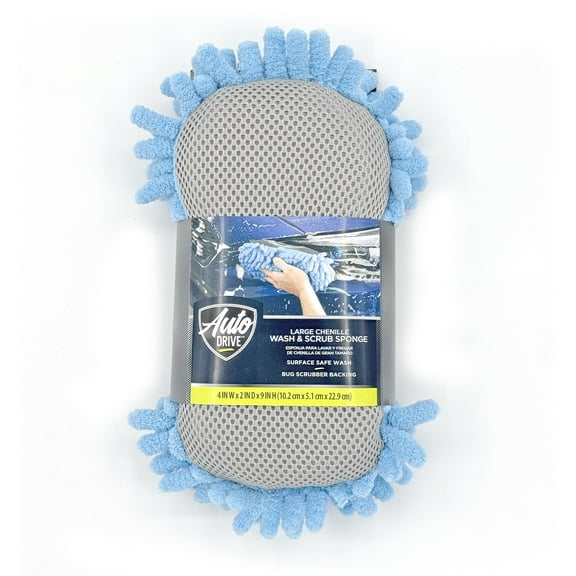 Auto Drive Car Wash Microfiber Sponge, Chenille Pile & Scrubber Back, Blue, 1 piece