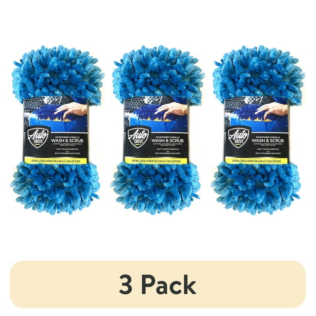 (3 pack) Auto Drive Car Wash Microfiber Sponge, Chenille Pile & Scrubber Back, Blue, 1 piece