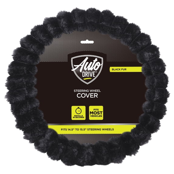 Auto Drive Faux Fur Steering Wheel Cover, Universal Fit for Sedans and SUVs, Black