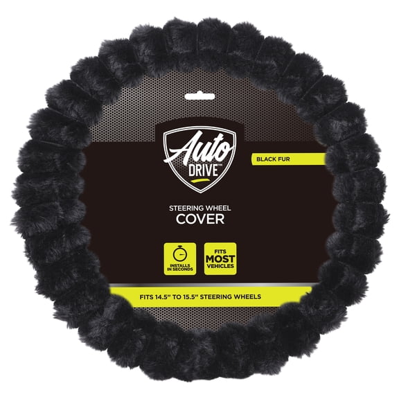 Auto Drive Faux Fur Steering Wheel Cover, Universal Fit for Sedans and SUVs, Black