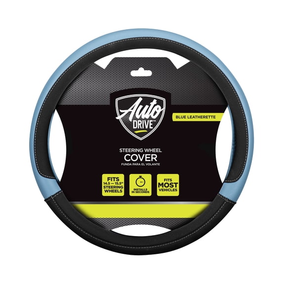 Auto Drive Faux Leather Steering Wheel Cover, Multiple Colors, Blue Black