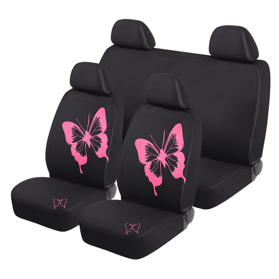 Auto Drive Full Set Seat Cover - Pink Butterfly Printed - Black Polyester - Universal Fit - 22WMD04