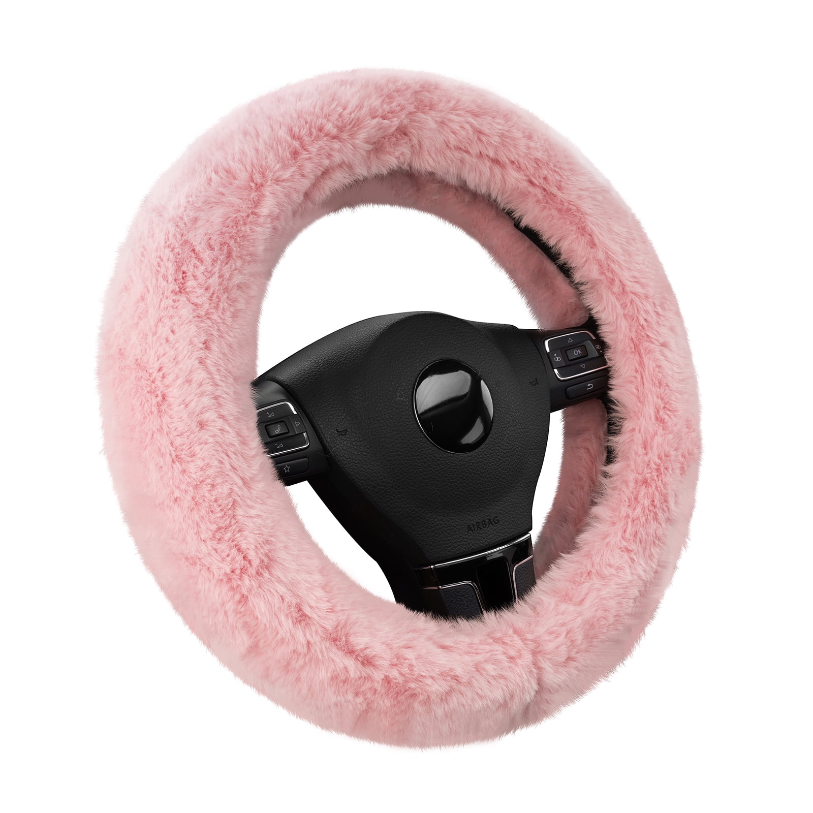 Auto Drive Fuzzy Steering Wheel Cover, Soft Plush Faux Fur Steering Wheel Cover, Cozy Warm Steering Wheel Cover Non-Slip, Universal Fit for Cars SUV Truck, Fits 14.5"–15", Pink