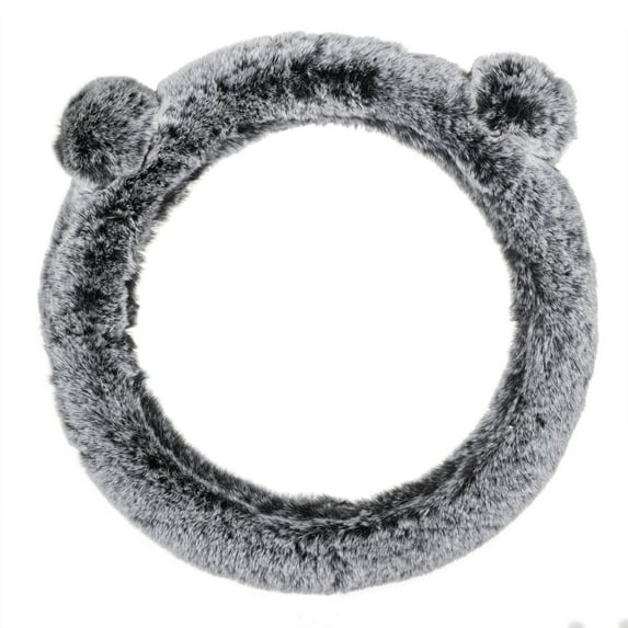 Auto Drive Gray Fluffy Pom-Pom Ears Steering Wheel Cover