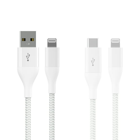 Auto Drive Lightning to USB-C & USB-A (2 Pack), 6ft, Charging & Data Sync Cables, MFI Certified, Braided, White