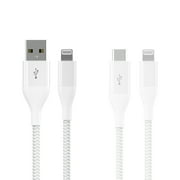 Auto Drive Lightning to USB-C & USB-A 2 Pack, 6ft, Charging & Data Sync Cables, MFI Certified, Braided, White