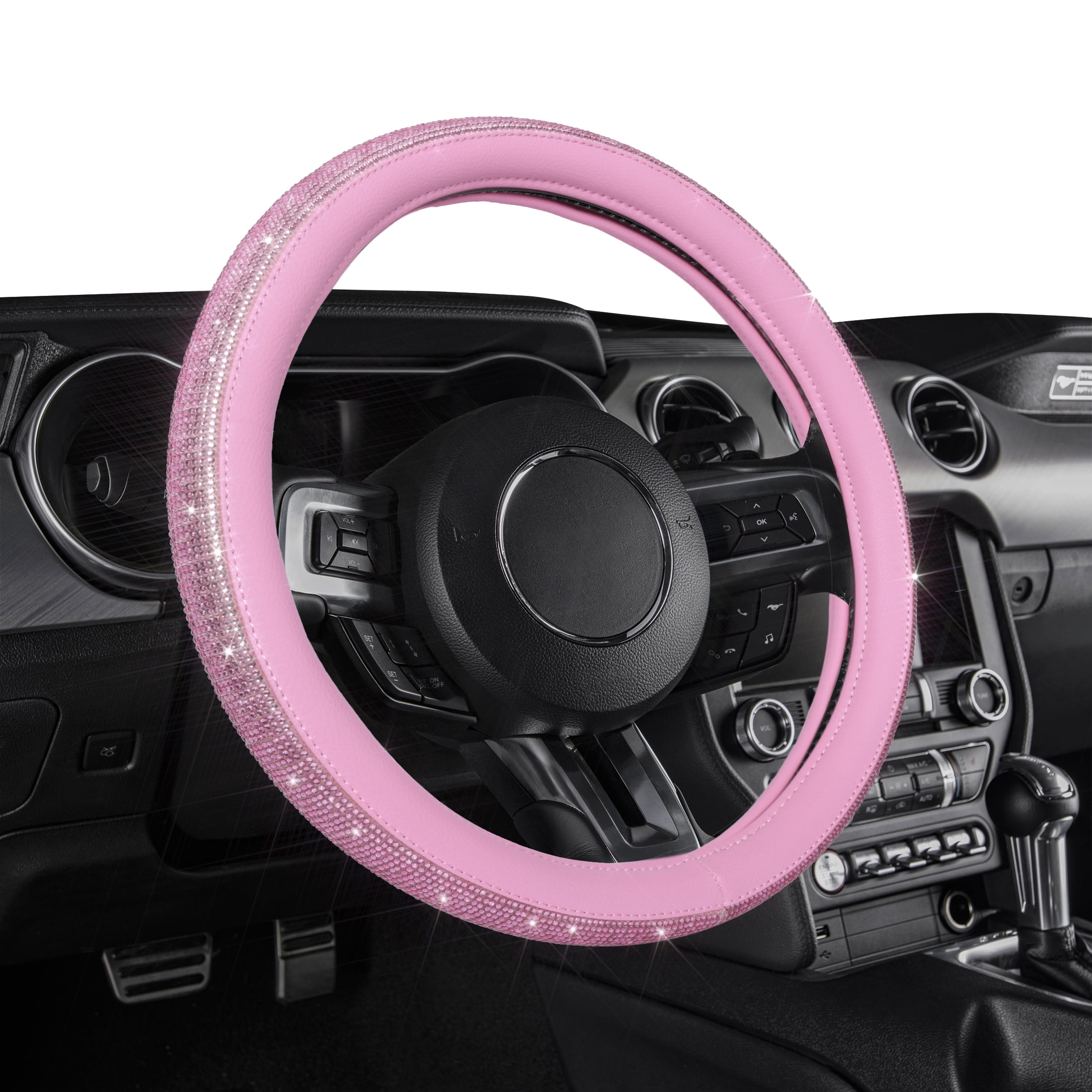 Auto Drive Pink Crystal Universal Fit Steering Wheel Cover PU Leather