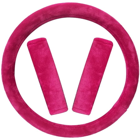Auto Drive Pink Steering Wheel Cover and Seat Belt Pad Kit, 3 Pieces