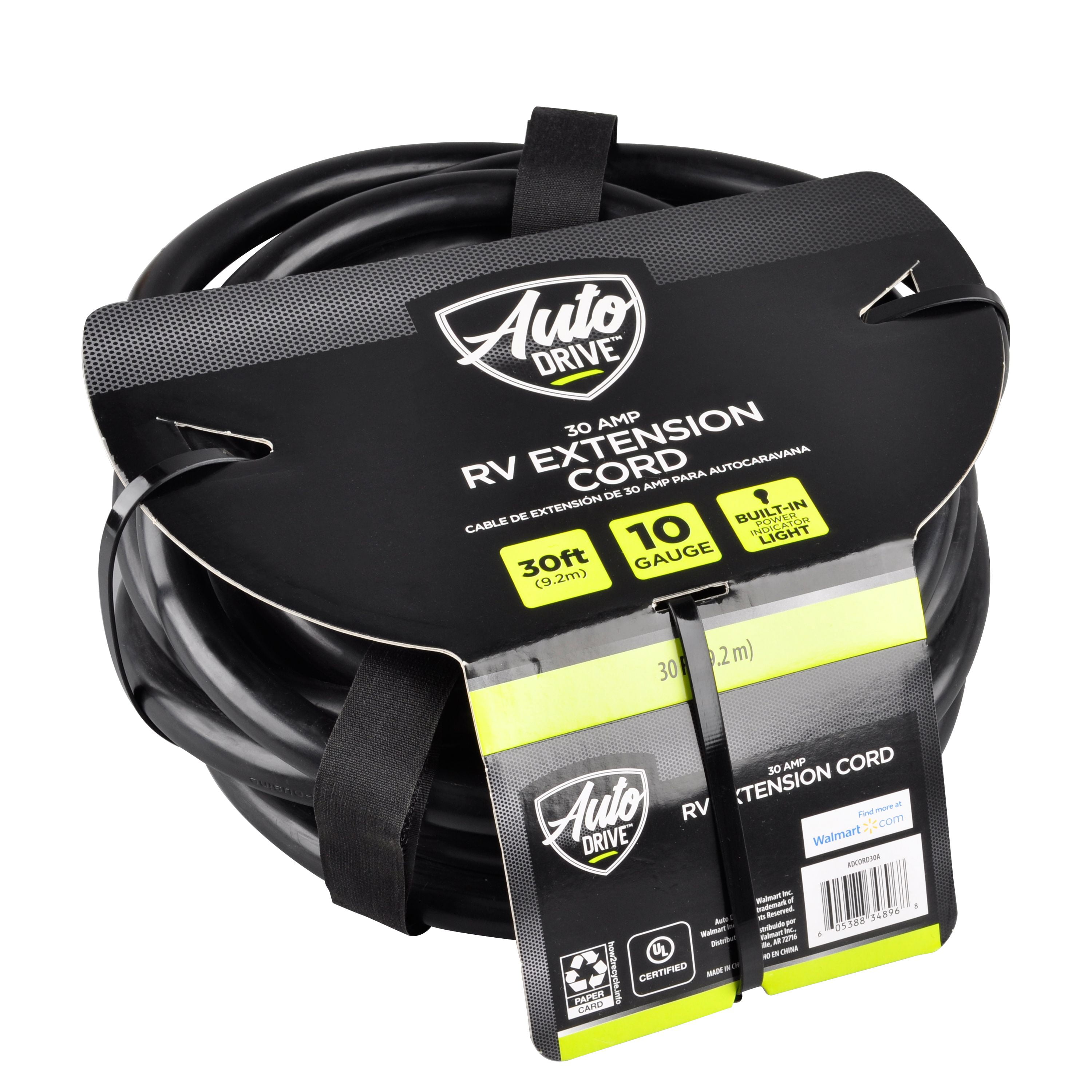 Auto Drive RV 30 Amp Extension Cord 30 feet, Black Color