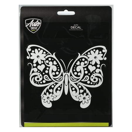 Auto Drive Rhinestone Butterfly Vinyl Vehicle Decal, White, 5.75” x 4.75”