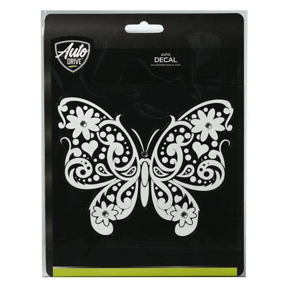 Auto Drive Rhinestone Butterfly Vinyl Vehicle Decal, White, 5.75” x 4.75”