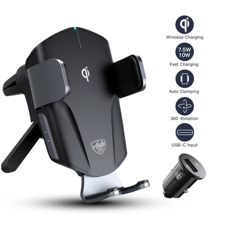 AUTO DRIVE SILVER VENT MOUNT  WIRELESS CHARGER, AUTO-CLAMPING, COMPATIBLE WITH QI-ENABLED PHONES