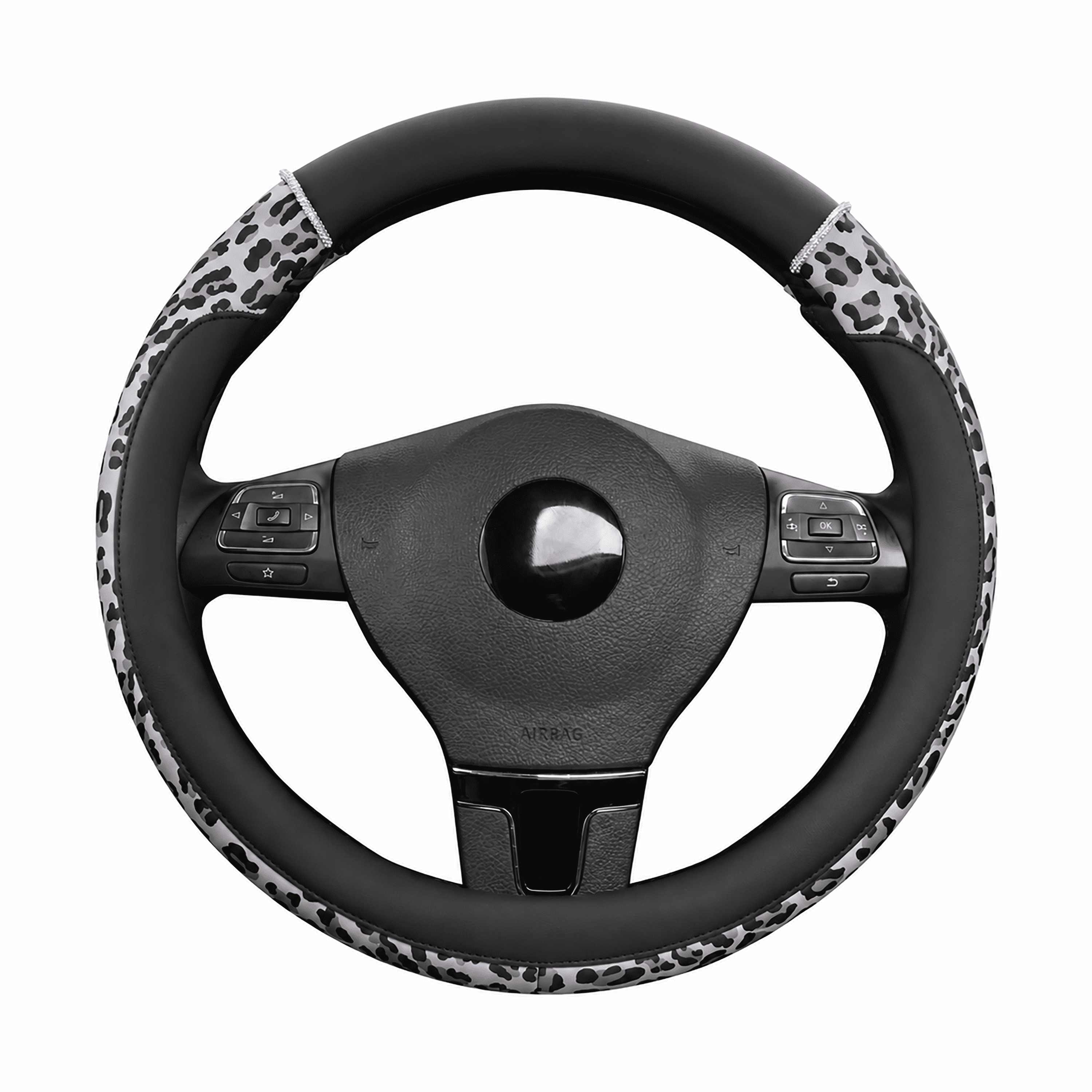 Auto Drive Steering Wheel Cover, Pink Leopard Print with Rhinestone Accents Steering Wheel Cover, Fashion Steering Wheel Cover,Non-Slip Grip, Universal Fit for Cars, SUVs & Truck,Gray
