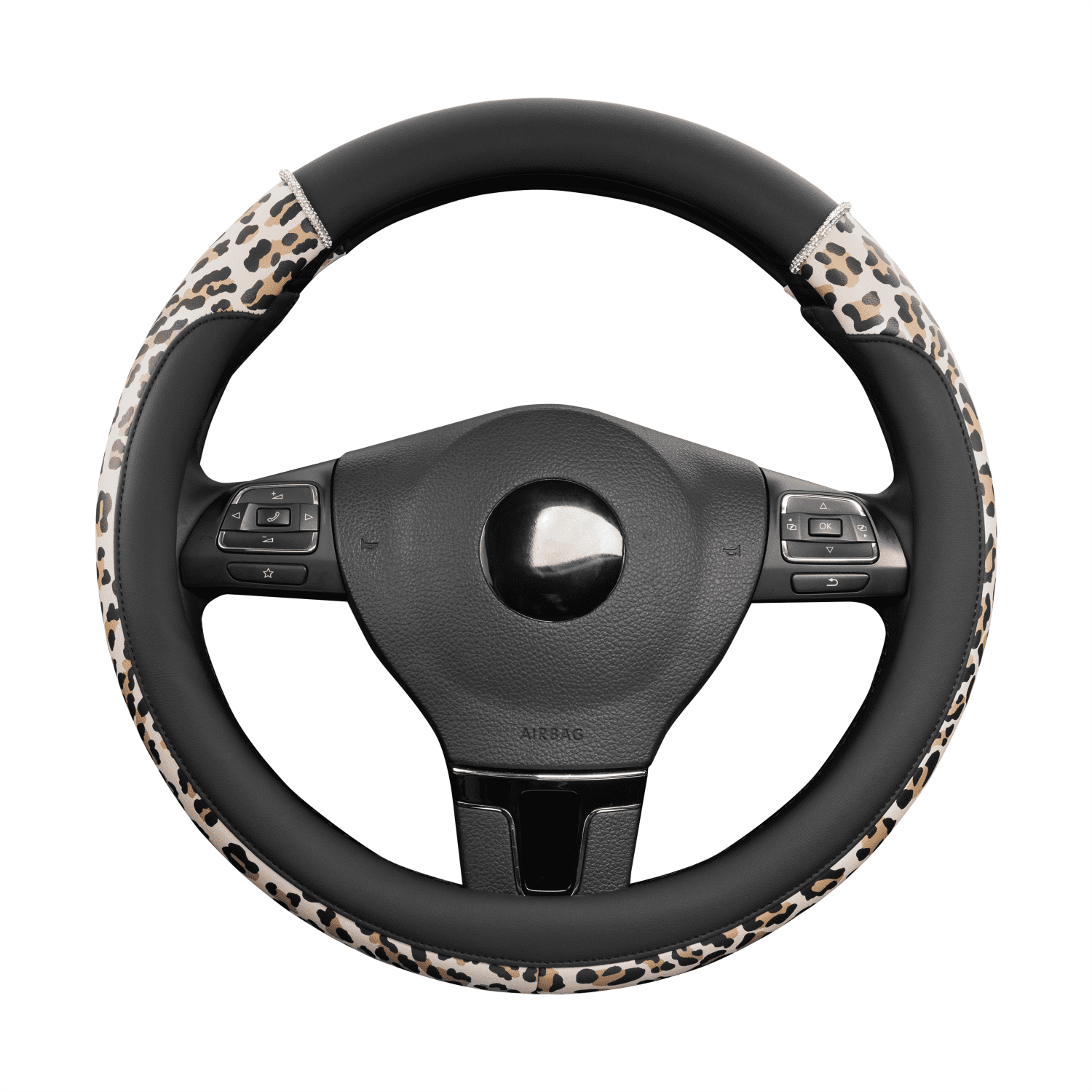 Auto Drive Steering Wheel Cover, Pink Leopard Print with Rhinestone Accents Steering Wheel Cover, Fashion Steering Wheel Cover,Non-Slip Grip, Universal Fit for Cars, SUVs & Trucks,Beige