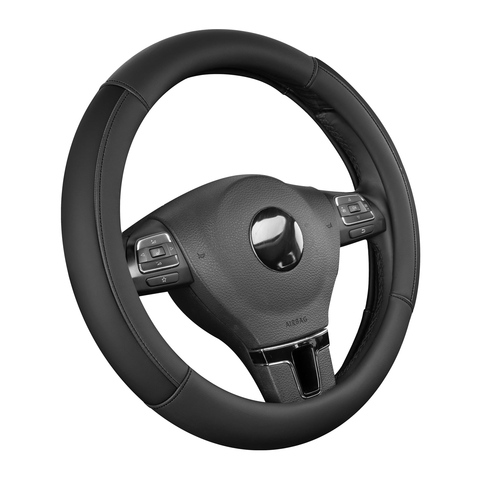 Auto Drive Steering Wheel Cover, Two-Tone Leather Steering Wheel Cover, Non-Slip Car Steering Wheel Cover Protector, Universal Fit for Cars SUV Truck, Fits 14.5"–15",Black