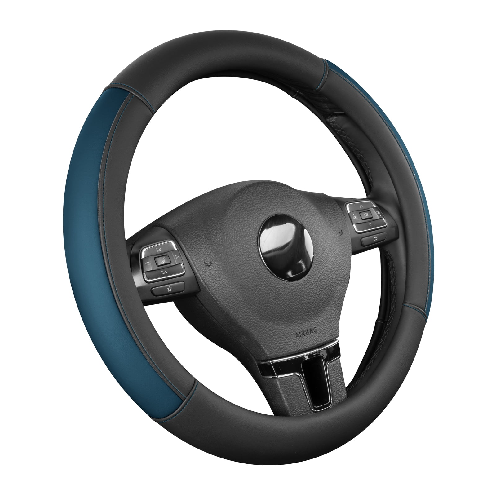 Auto Drive Steering Wheel Cover, Two-Tone Leather Steering Wheel Cover, Non-Slip Car Steering Wheel Cover Protector, Universal Fit for Cars SUV Truck, Fits 14.5"–15",Blue