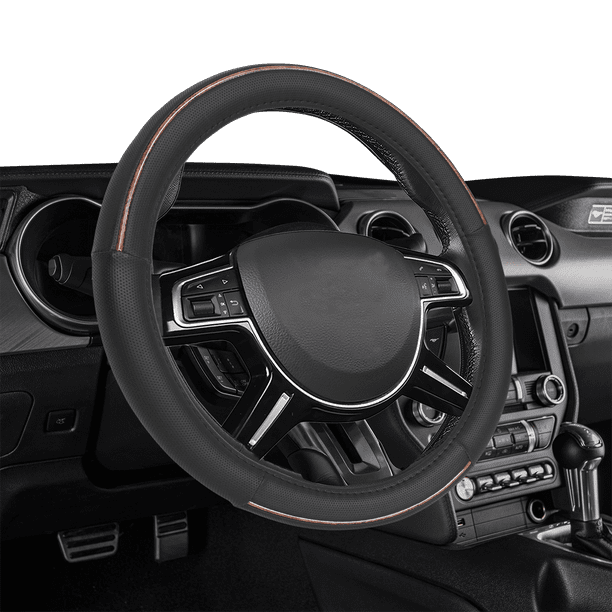 Auto Drive Universal Fit Black PU Leather Wood Grain Steering Wheel