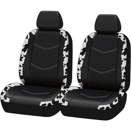 Auto Drive Universal Fit Black,White Cow Faux Leather Car Seat and Headrest Cover, Set of 2