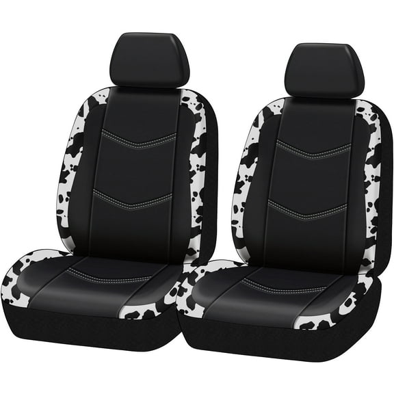 Auto Drive Universal Fit Black,White Cow Faux Leather Car Seat and Headrest Cover, Set of 2