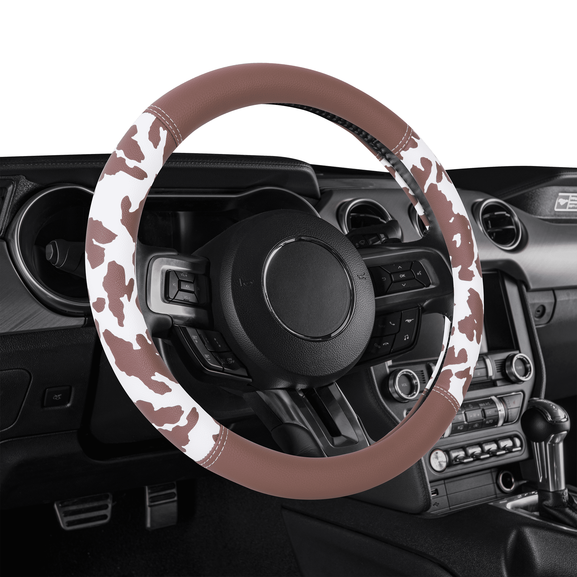 Auto Drive Universal Fit Brown Cow Steering Wheel Cover, Set of 1