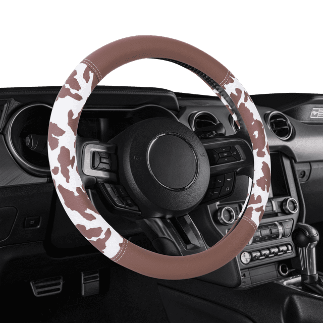 Auto Drive Universal Fit Brown Cow Steering Wheel Cover, Set of 1, Fit