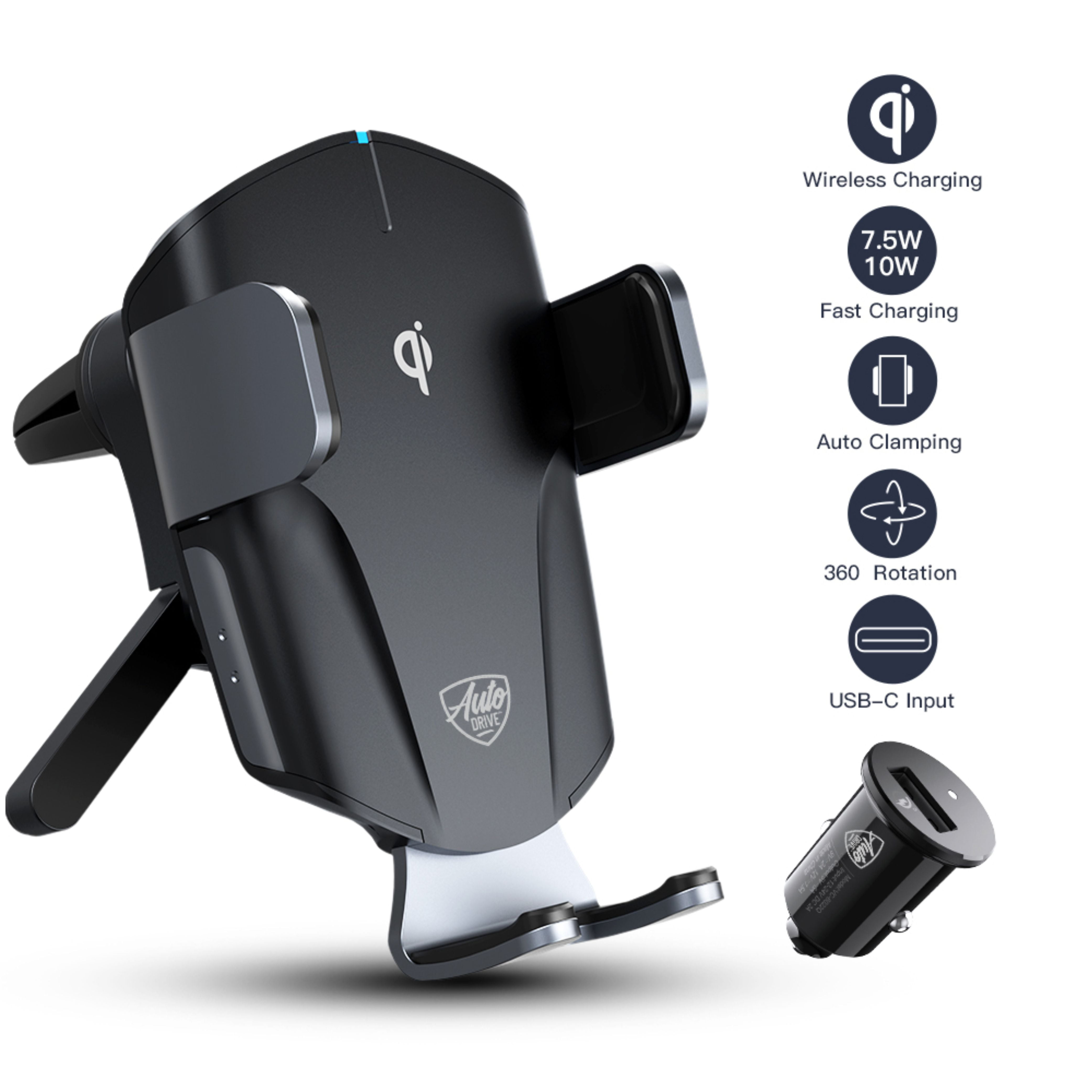 Auto Drive Gravity Phone Holder & Wireless Charger 2-in-1, Automatic Clamping, Fast Charging for Qi-Enabled Smartphones