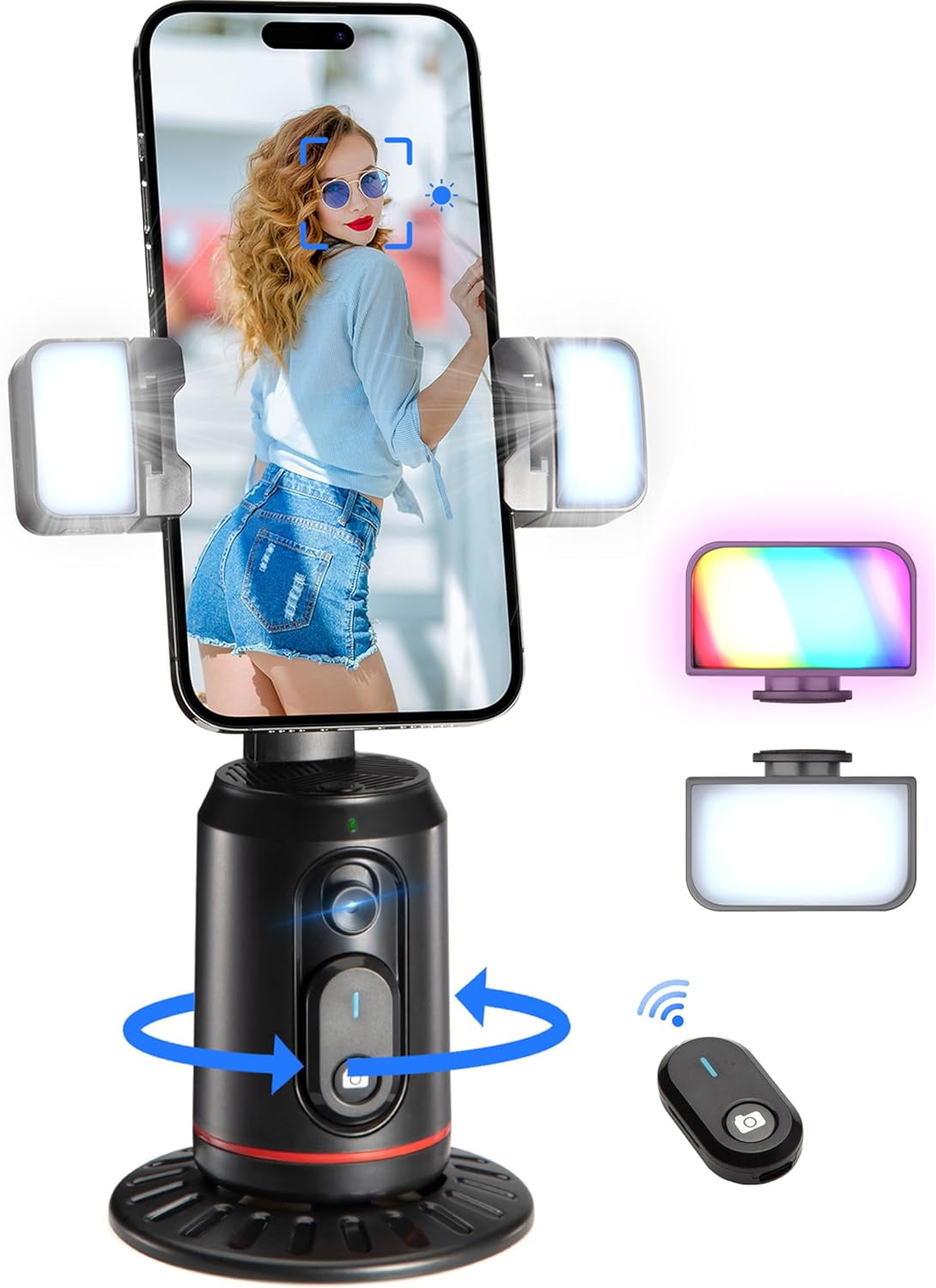 Auto Face Tracking Phone Holder, 360° Rotation Face Body Phone Tripod Smart Shooting Camera Mount with Rechargeable Remote and Light for Live Vlog Streaming Video, Rechargeable