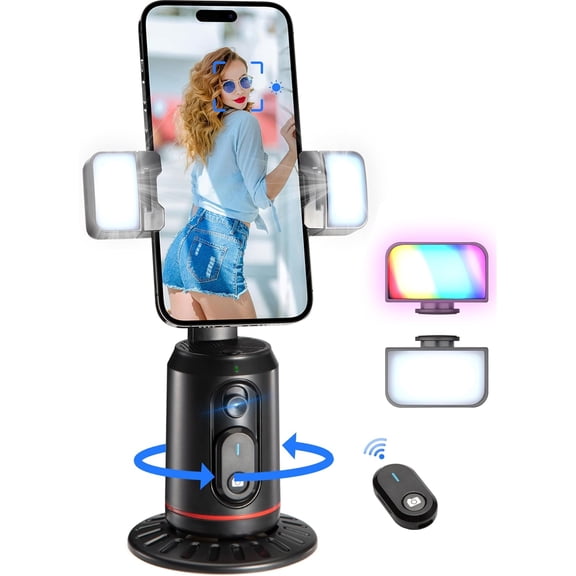 Auto Face Tracking Phone Holder, 360 Rotation Face Body Phone Tripod Smart Shooting Camera Mount with Rechargeable Remote and Light for Live Vlog Streaming Video, Rechargeable