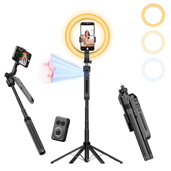 Auto Face Tracking Self Stick Tripod for iPhone with 10" Ring Light Hands-Free 360Adjustable 70.9 Inch Smart Phone Stand with Remote for Content Creator Vlog Video Recording