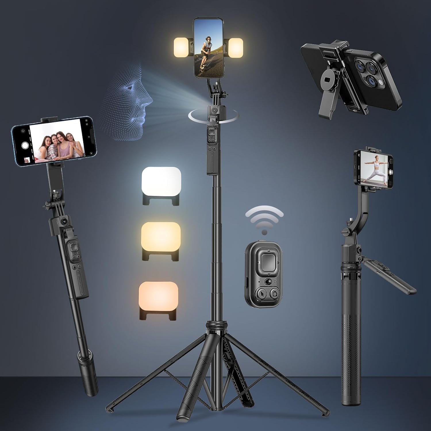 Auto Face Tracking Selfie Stick Tripod for iPhone with Light 360 Rotation 63" Phone Camera Stand Follows Your Movement Remote Content Creator Vlog Live Stream Video Recording