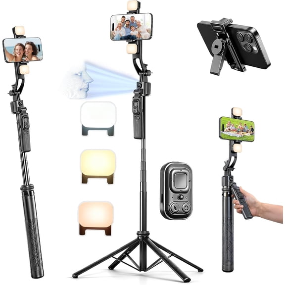 Auto Face Tracking Selfie Stick Tripod for iPhone with Light 360 Rotation That Follows Your Movement 70.9" Camera Tripod Stand with Remote for Content Creator Vlog Live Stream Video Recording