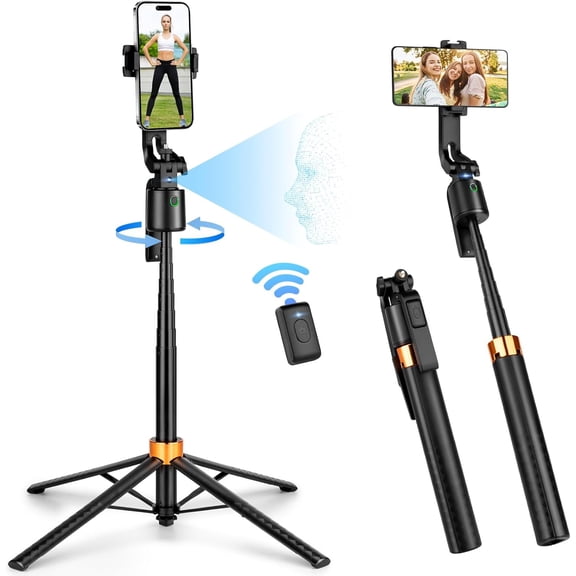 Auto Face Tracking Tripod 360Rotation Rechargeable Phone Stand 70" Extendable Smart Shooting with Remote and Gesture Control, No App, for iPhone Vlog Live Video Recording.