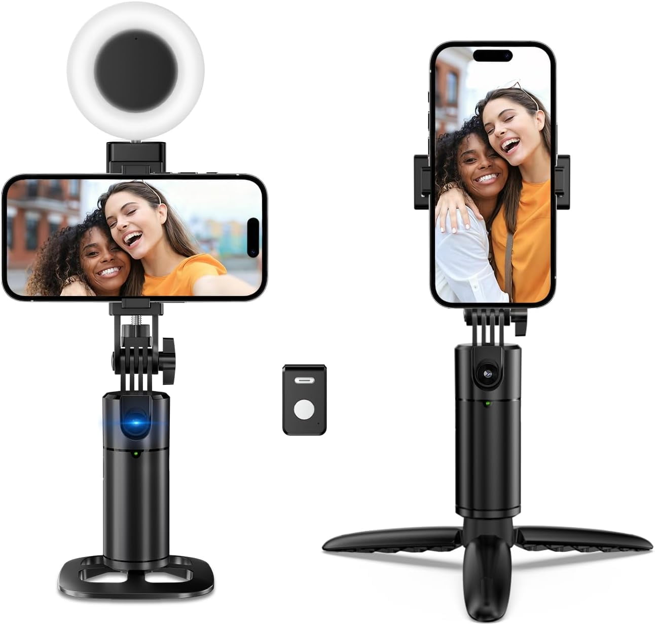 Auto Face Tracking Tripod 360 Rotation iPhone Desk Stand. Cell Phone Photo Vlogging Kit with Remote & Gesture Control. Rechargeable Smart Shooting Selfie Fill Light Stand for Live Record No App
